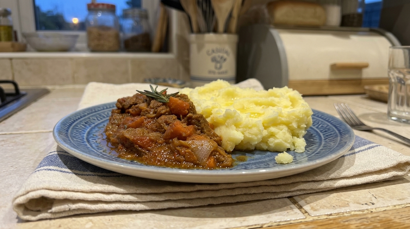 High Protein Beef Stew With Creamy Mashed Potatoes