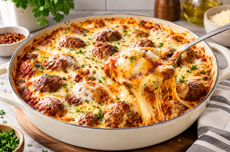 Cheesy Baked Meatball & Potato Casserole